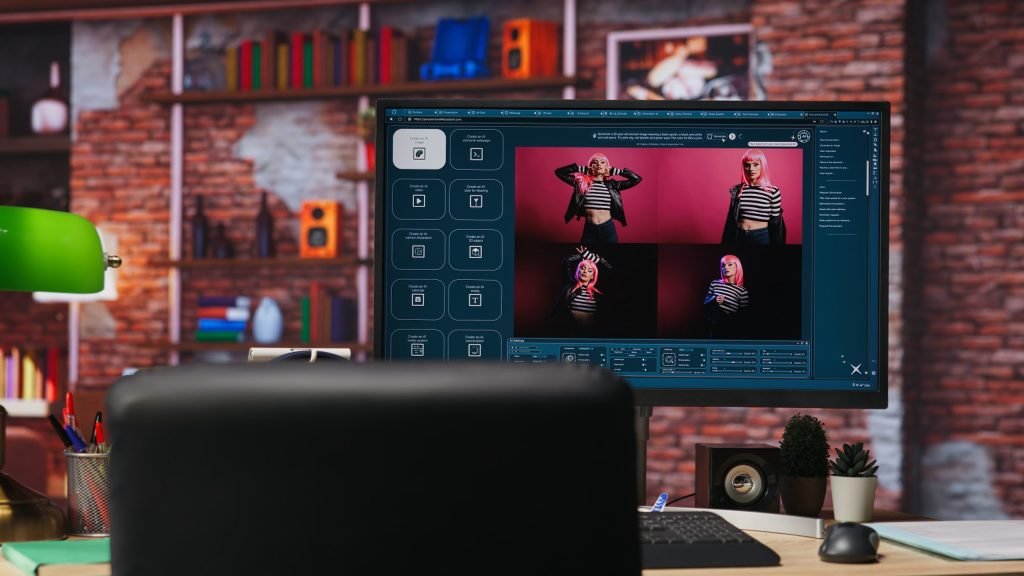 computer home office showing program converting text prompts into photos